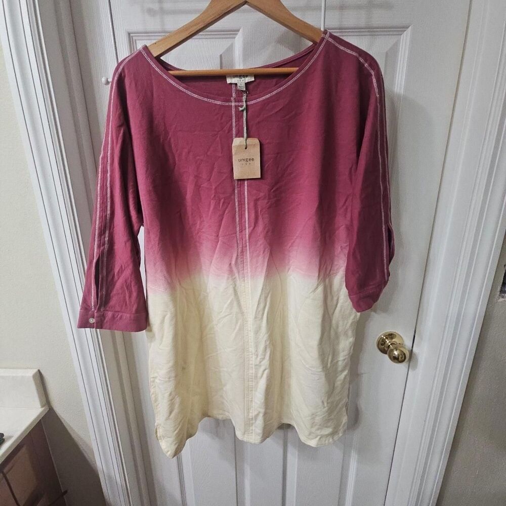 Umgee Dip-Dye French Terry Round Neck Button Tab on Sleeves Dress Size L